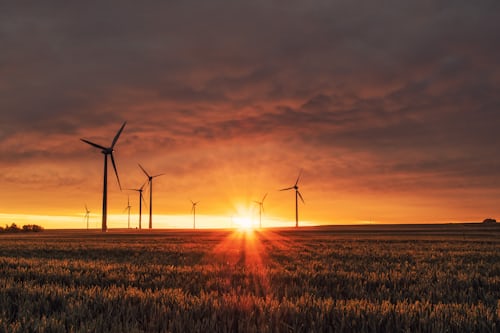 8 wind turbines with a pretty sunset on a plain